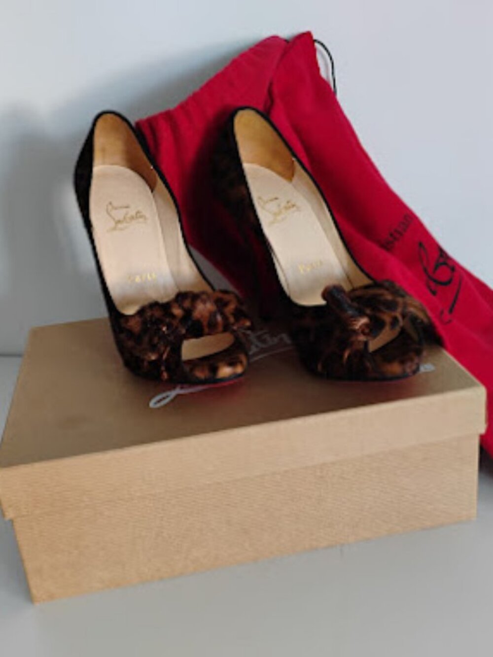Christian Louboutin Madame Butterfly Leopard Print Bow Open Toe Shoes